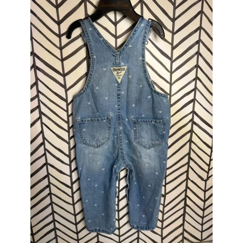 Oshkosh B’gosh Blue White Denim Heart Overalls Baby Girls 12M 7100